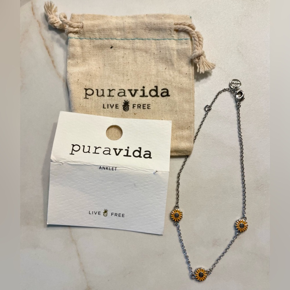 Pura Vida Silver Anklet with Sunflower Charms